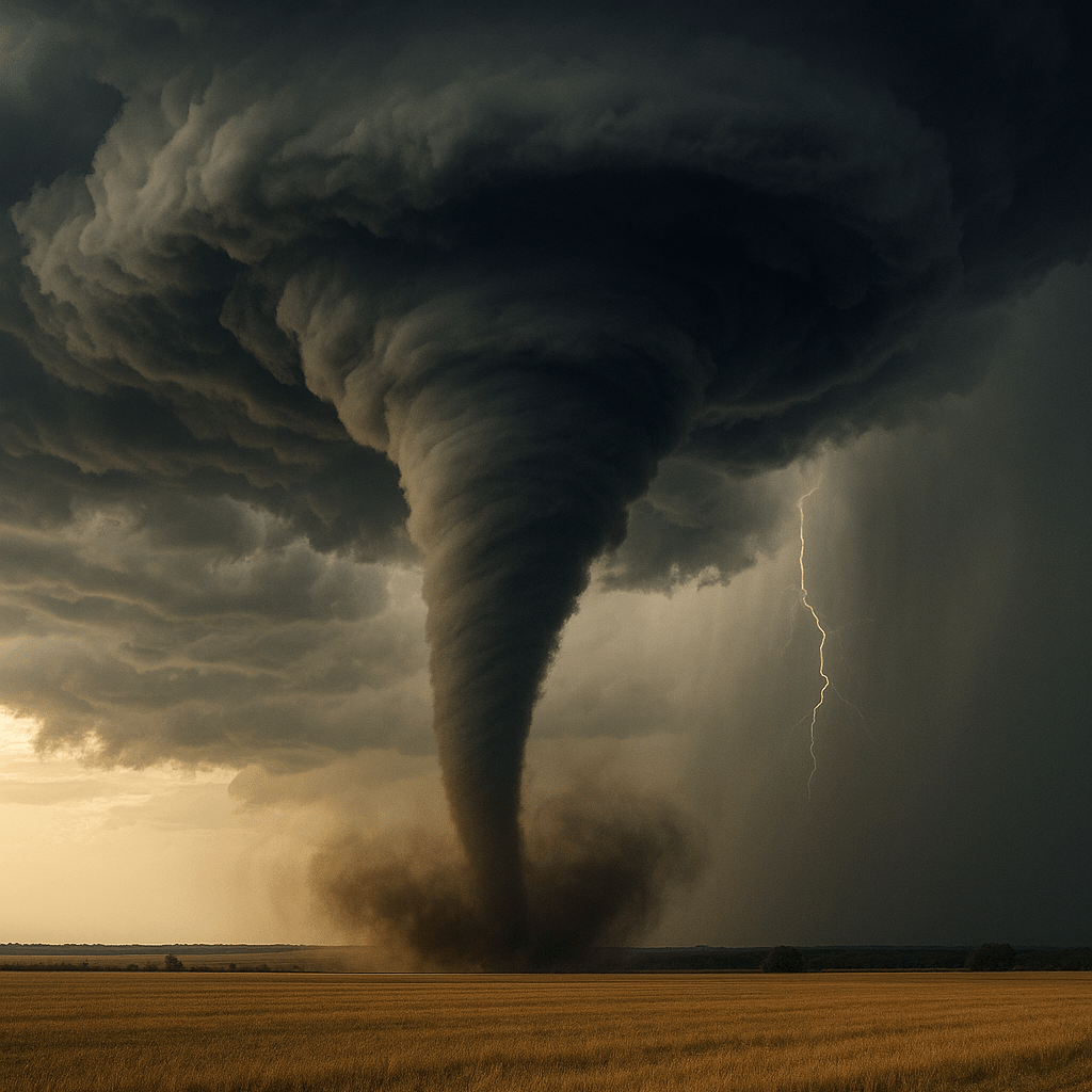 Tornado funnel and lightning under dark storm clouds in Pensacola, FL