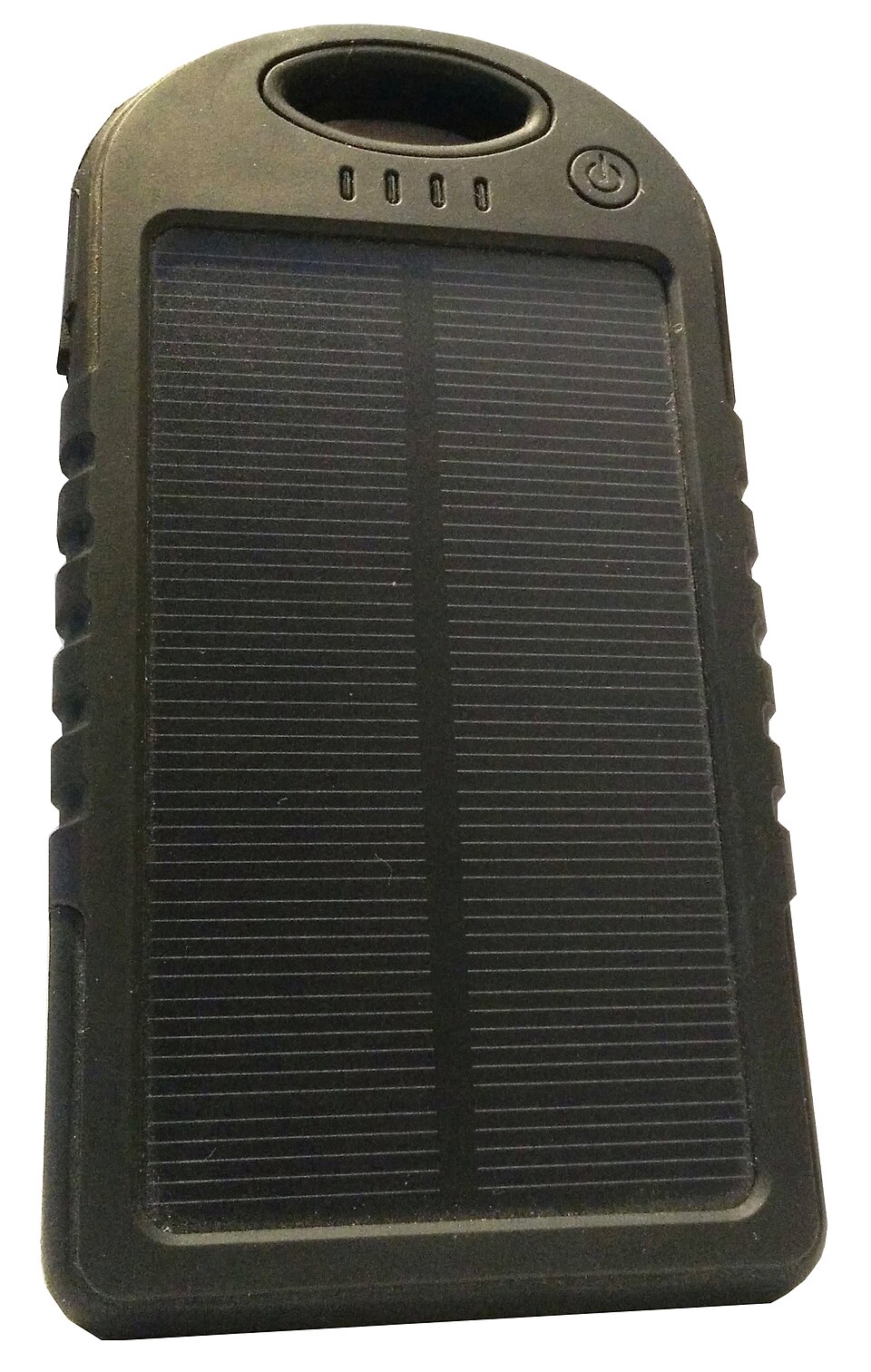 A dark green handheld power bank with a solar panel on its face, for storm prep in Pensacola, FL